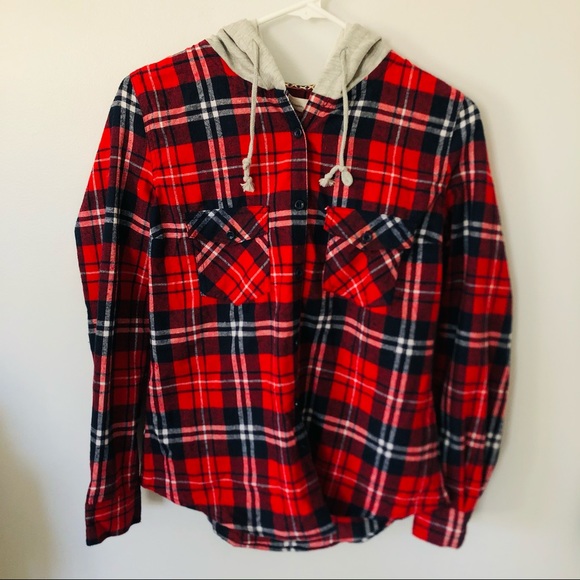Girls Flannel Hooded Sweatshirt Red Medium - Picture 1 of 6